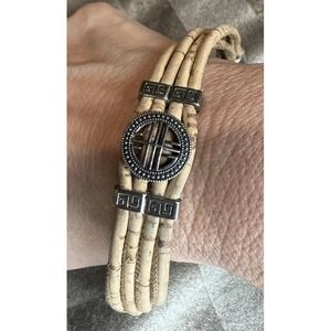 Artisan Portuguese Cork Multistrand Bracelet Greek Key Silvertone Medallion Boho